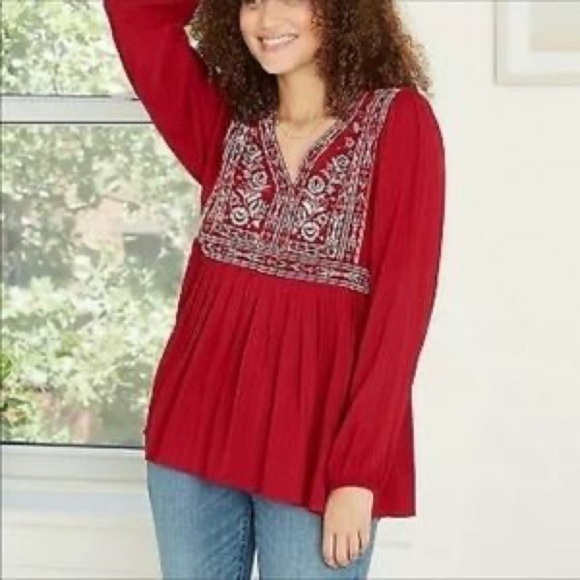 Knox Rose Tops - Knox Rose Top Boho Embroidered Peasant Flowy Maroon Red Med V Neck Blouse Shirt